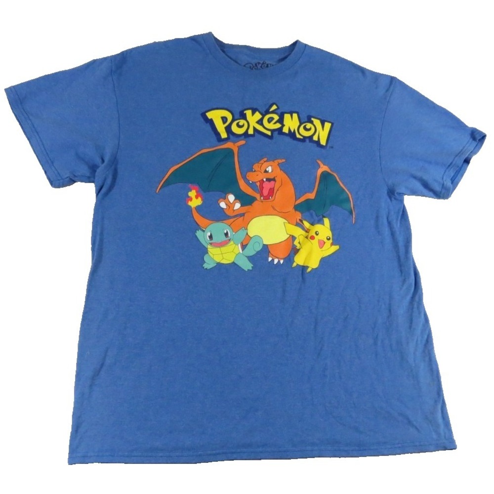 Pokemon Men L Charizard Pikachu Squirtle Bulbasaur Charmander Blue Graphic Shirt